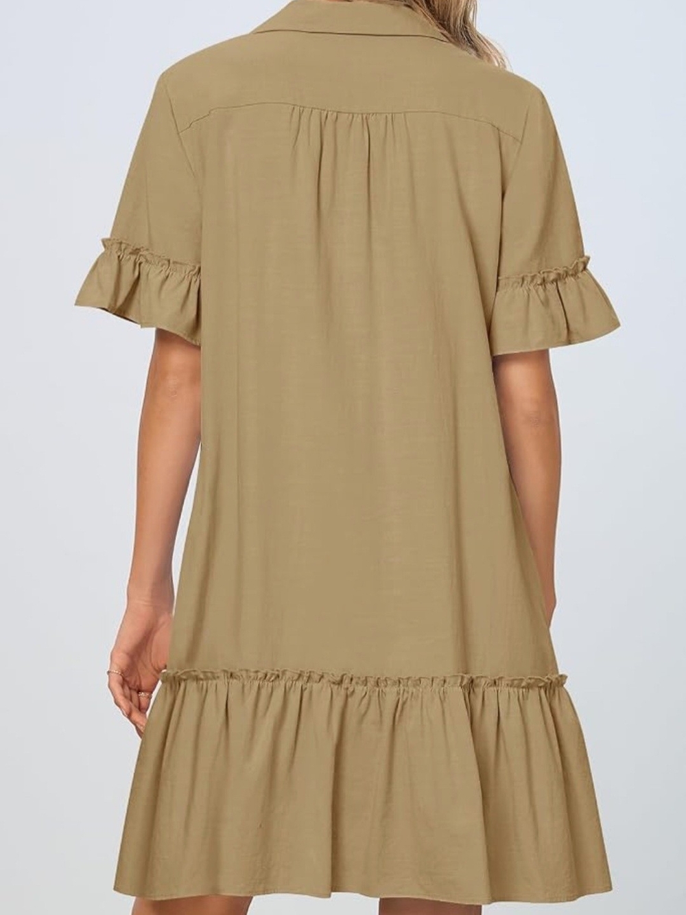 Ruffle-Hem Button Front Mini Dress in Taupe - Picture 3 of 6